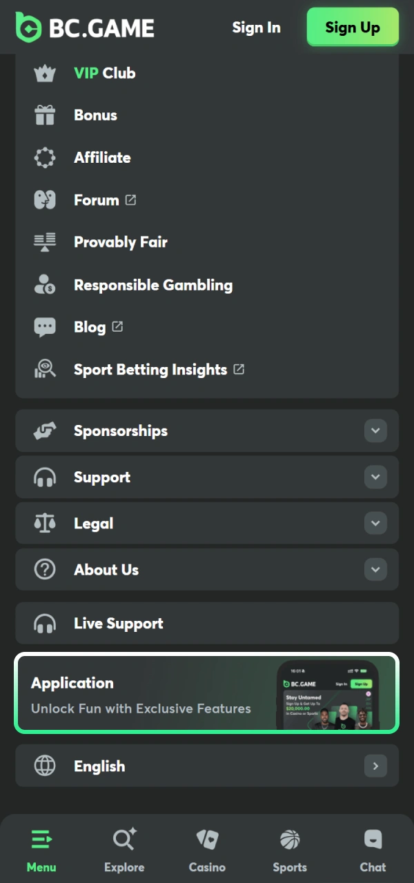 Scroll down and find the Android link on BC Game.