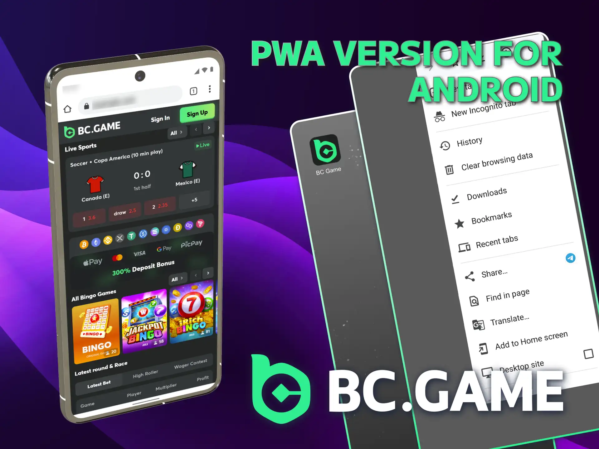 Open Chrome to install the BC Game's PWA on Android.