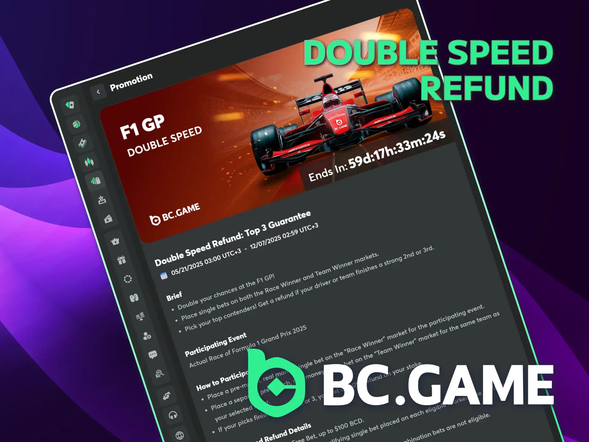 Get a total refund on Formula 1 at BC Game.