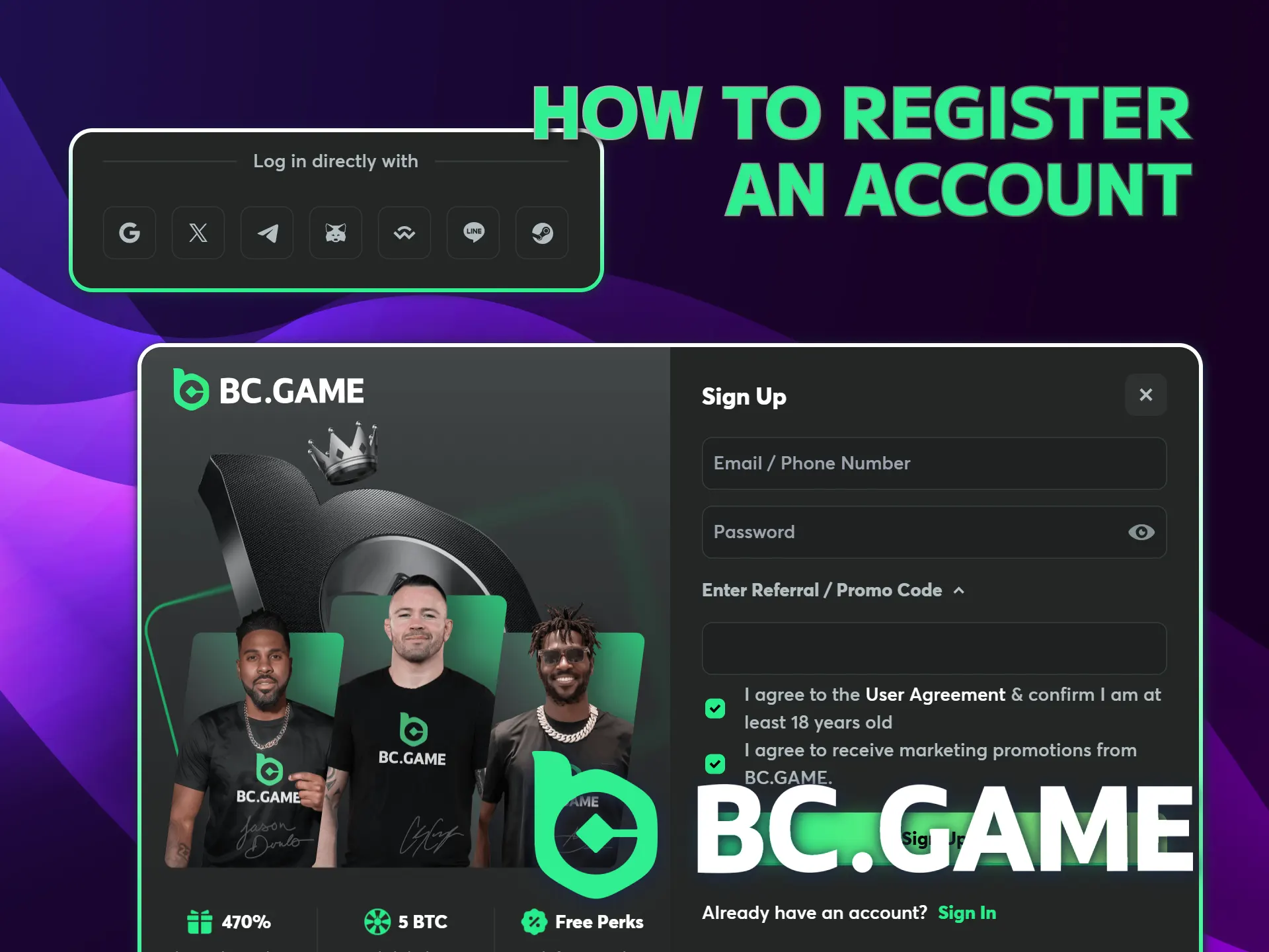 Register with BC Game and start betting on sport events.