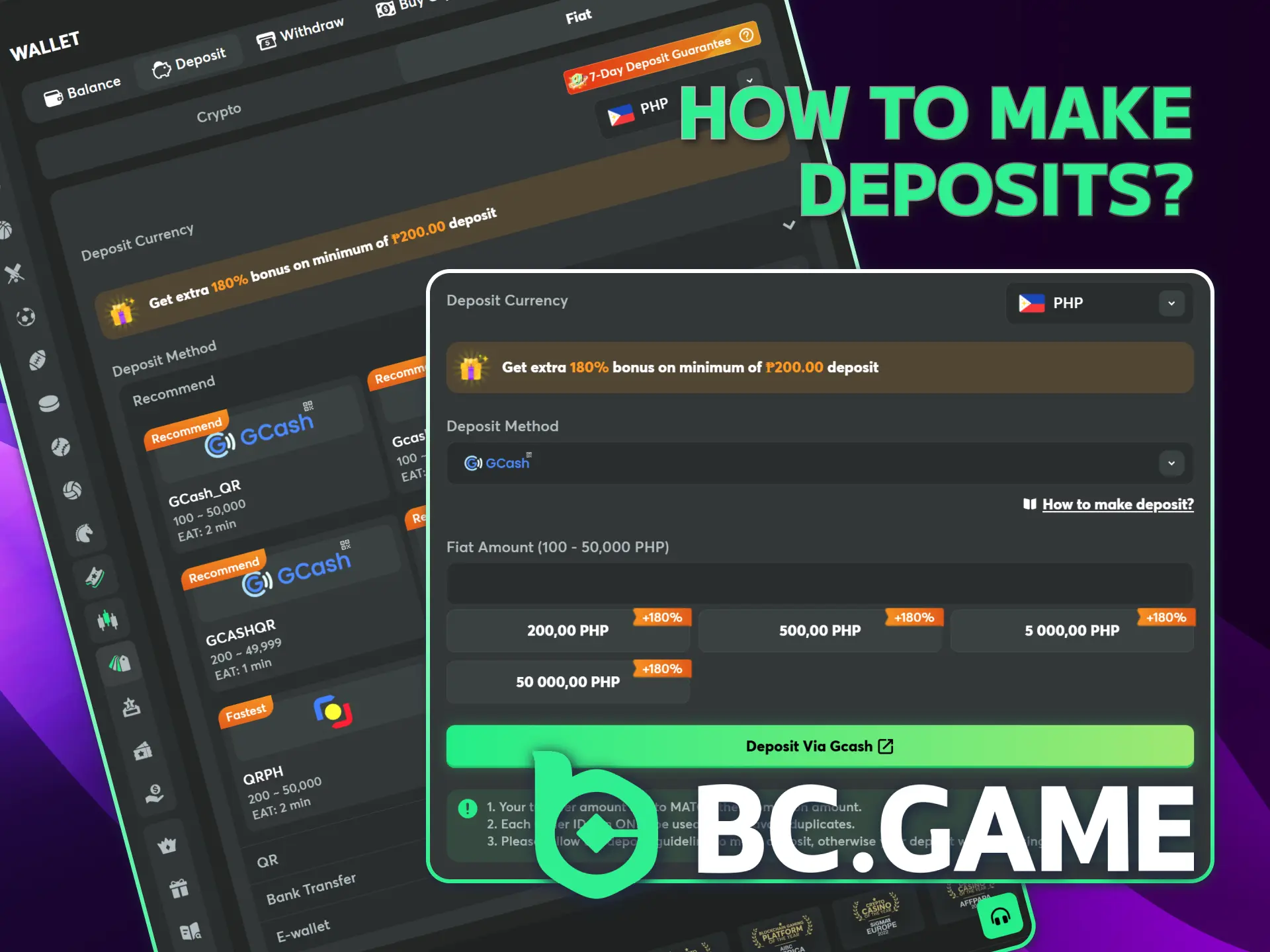 Deposit money instantly into your BC Game Casino account online.