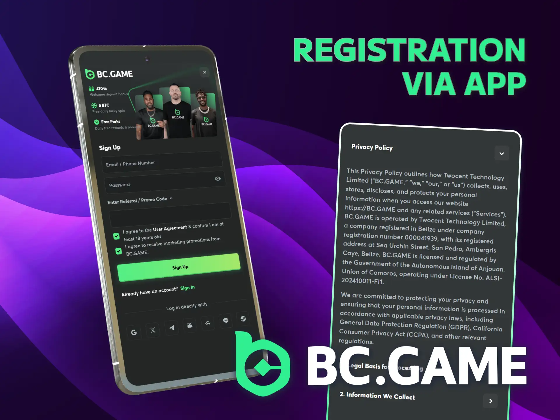 Register quickly using the mobile BC Game PWA without app.