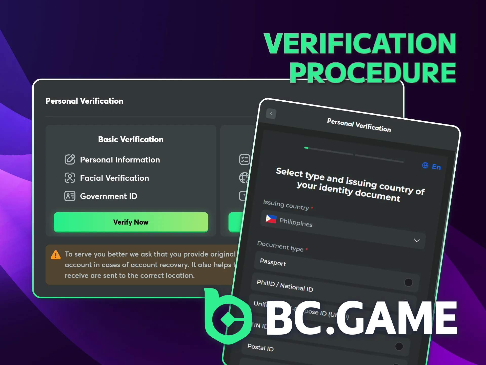 Complete internal security checks to activate your BC Game profile.