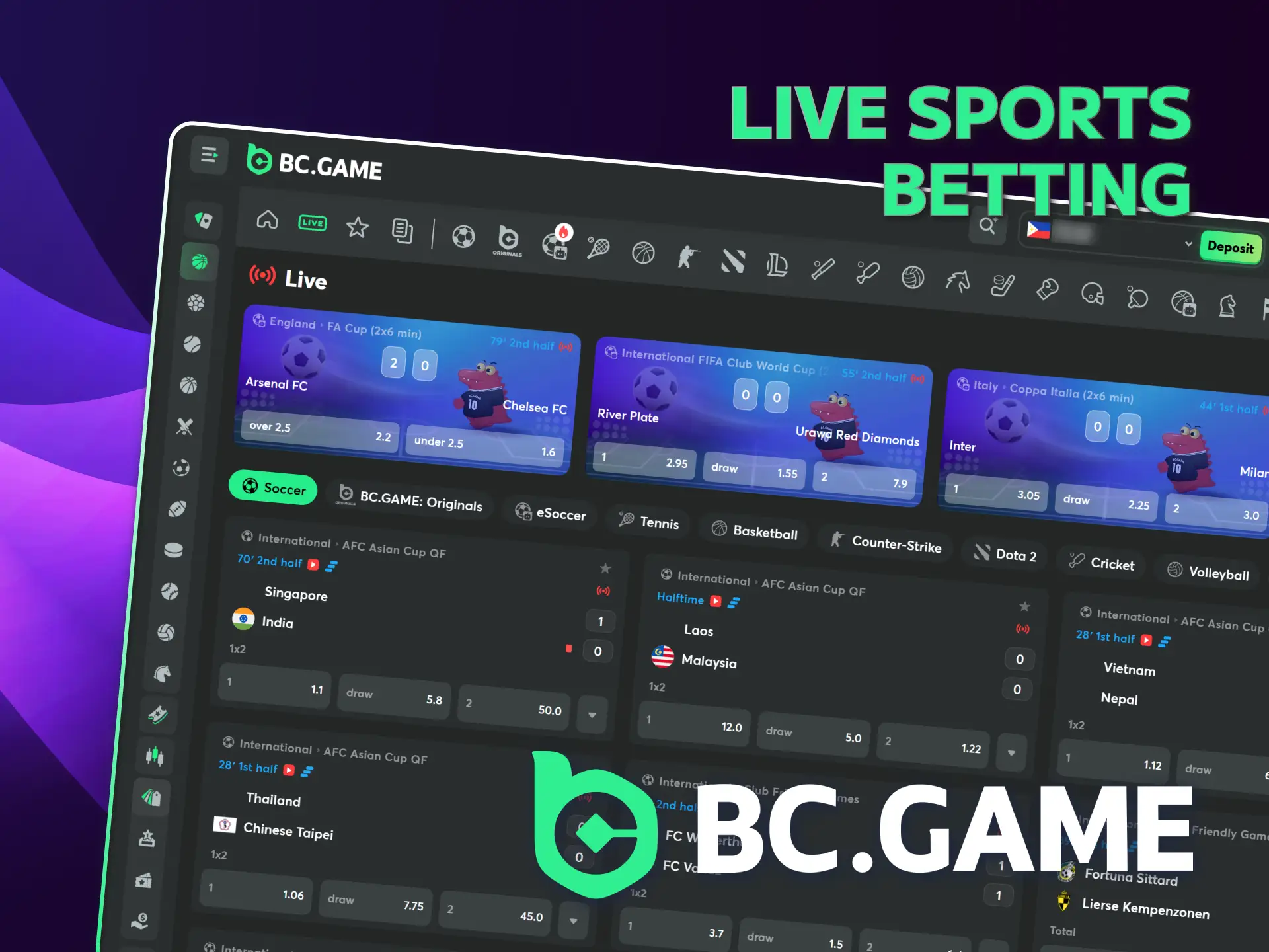 Place live bets and watch sports at BC Game Philippines.