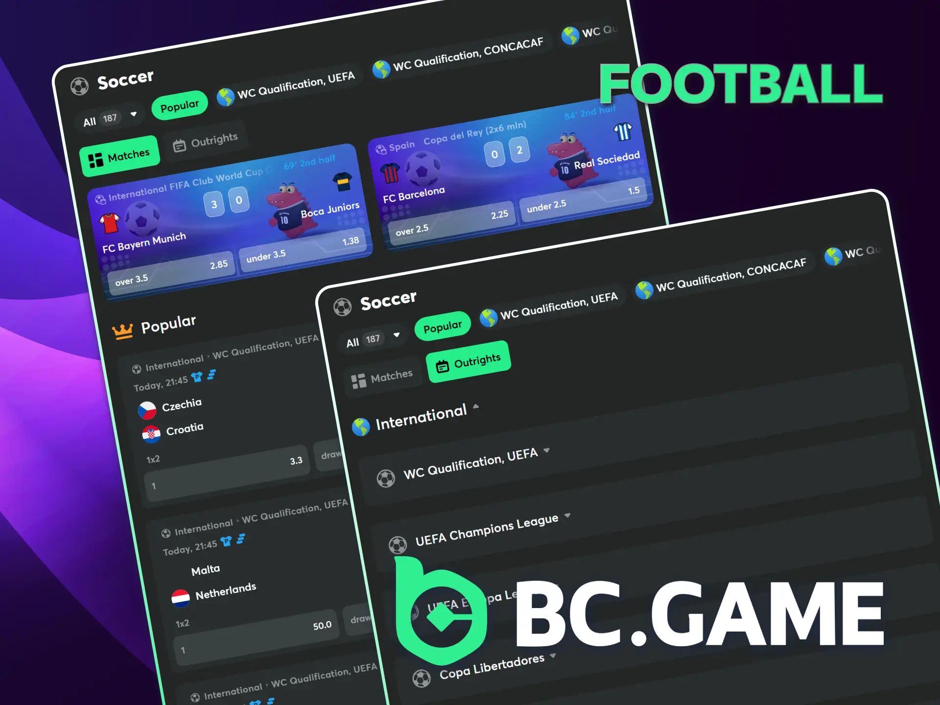 Bet on the biggest football tournaments on BC Game website.