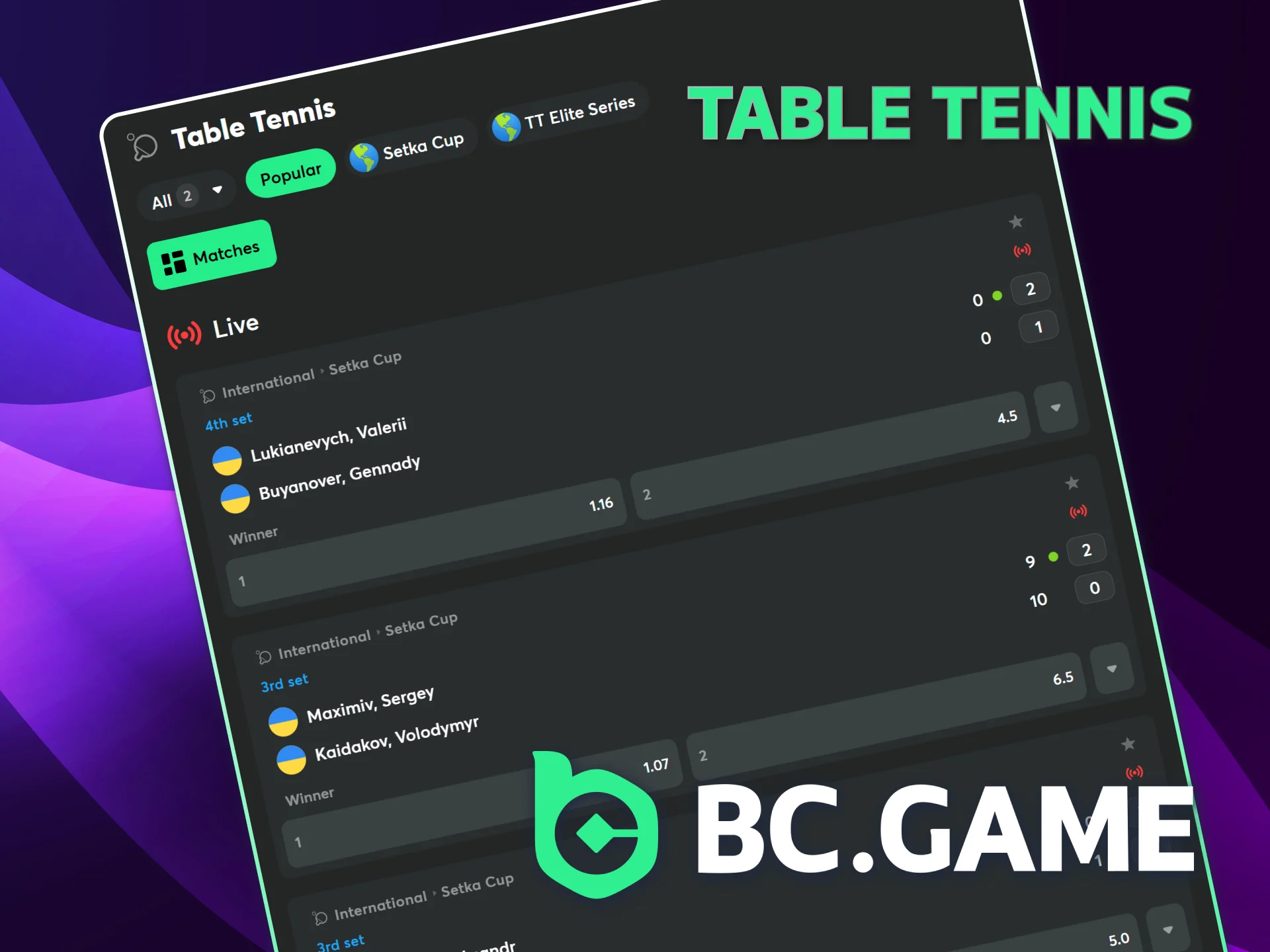 Check Table Tennis markets like total points at BC Game.