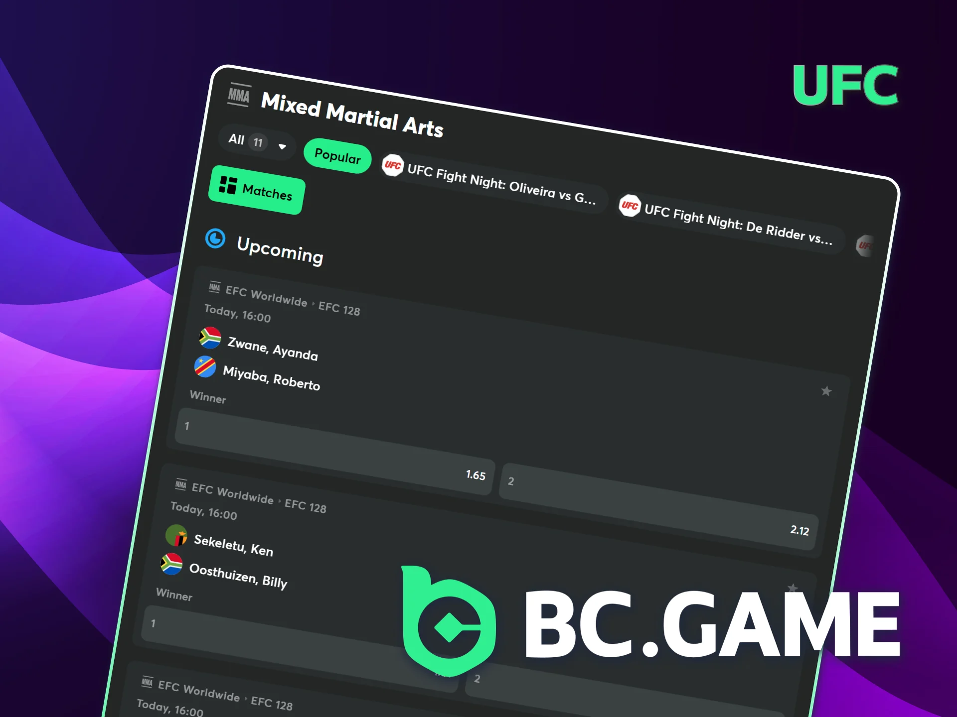 Find UFC markets and victory methods on BC Game Philippines.