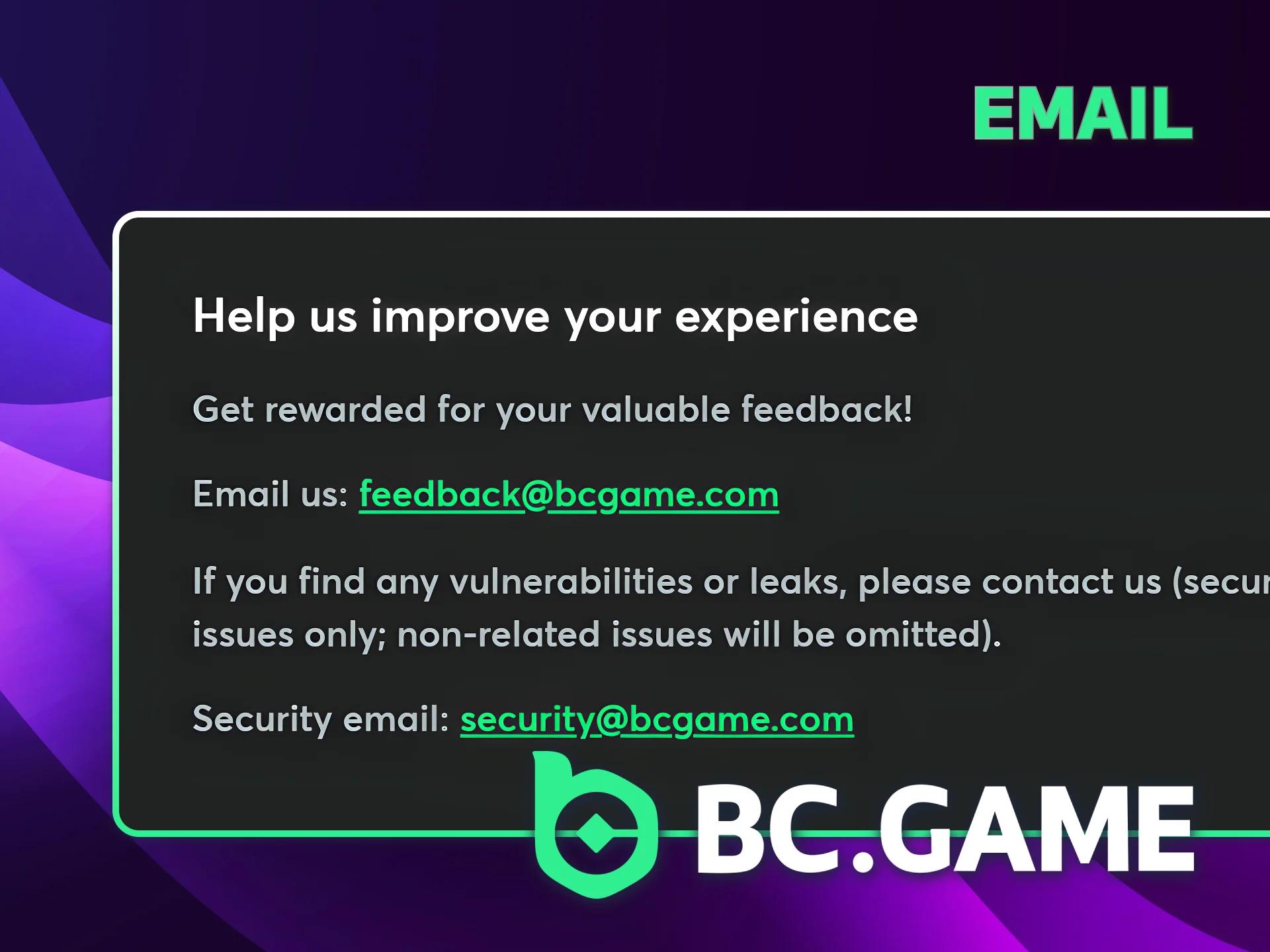 Get detailed answers from BC Game's email support.