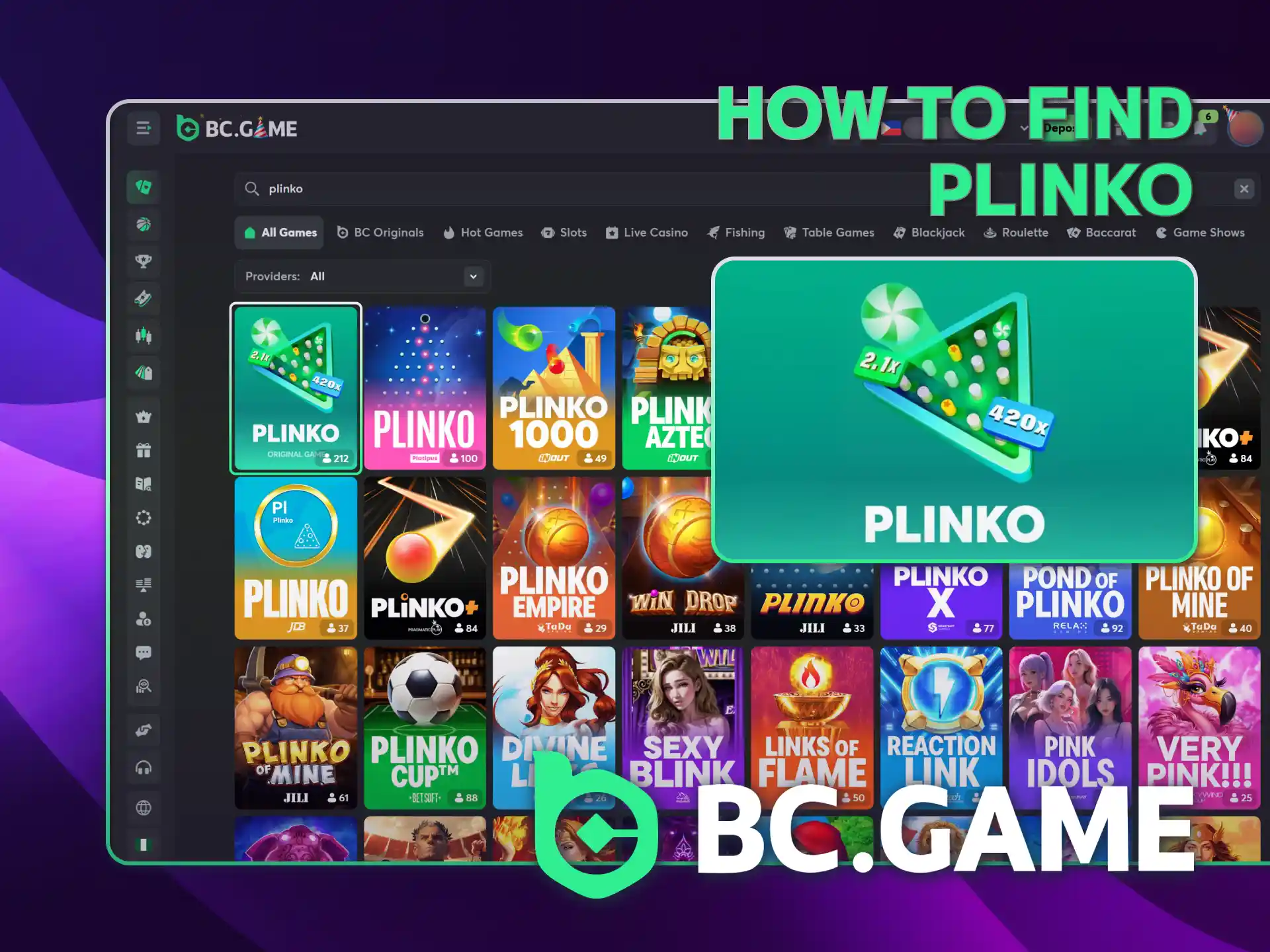 Access the popular Plinko at BC Game from casino section.
