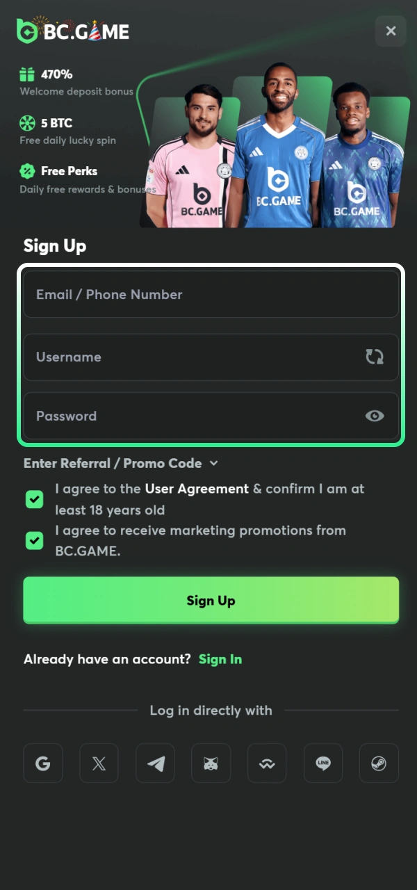 Enter all registration details to get a BC Game bonus.