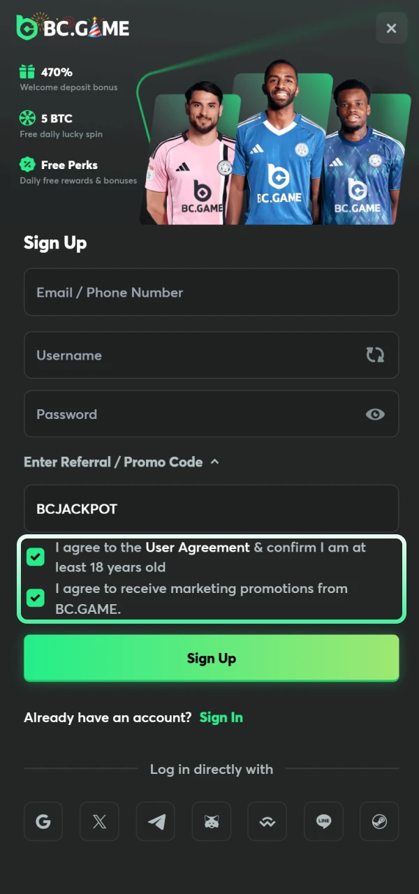 Confirm terms and age to activate your BC Game account.