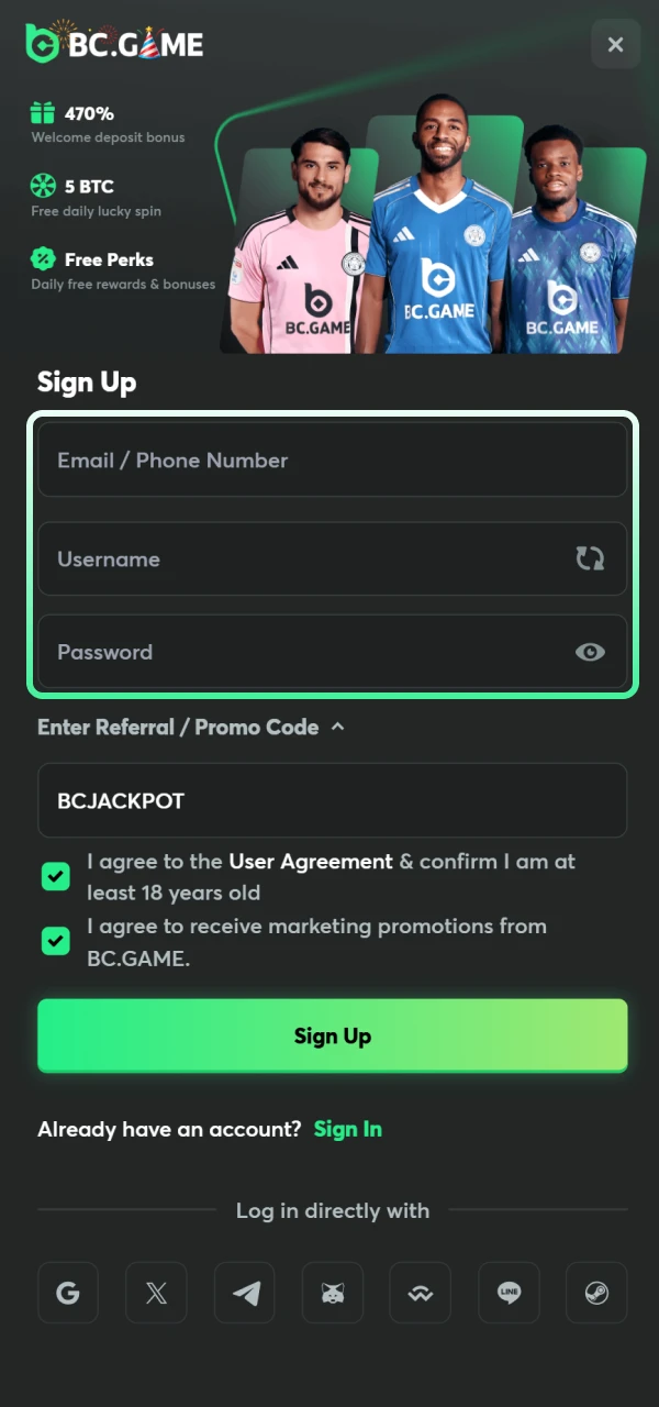 Enter contact details to register with BC Game in Philippines.