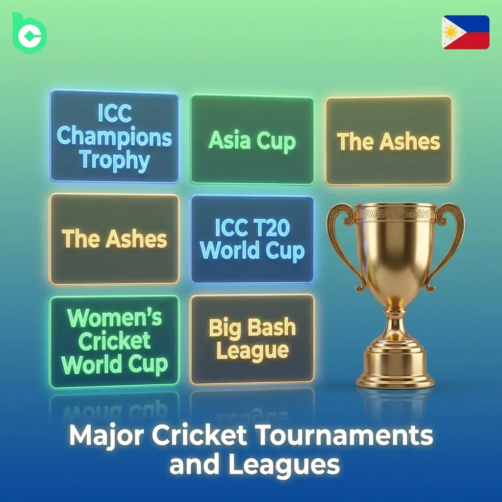 Cricket tournaments including ICC World Cup, T20 World Cup, IPL, and The Ashes with betting markets and match formats