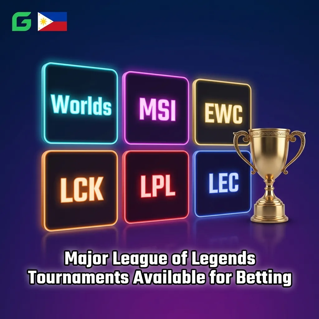 Major League of Legends tournaments including Worlds, MSI, and regional leagues LCK, LPL, and LEC available for betting