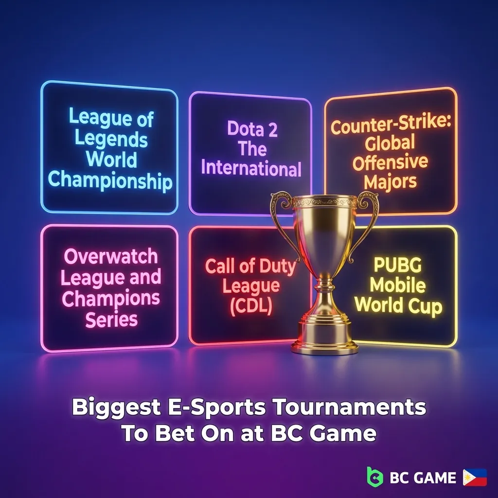 Table showing major e-sports tournaments for betting across games like Dota 2, CS2, League of Legends, and Valorant.