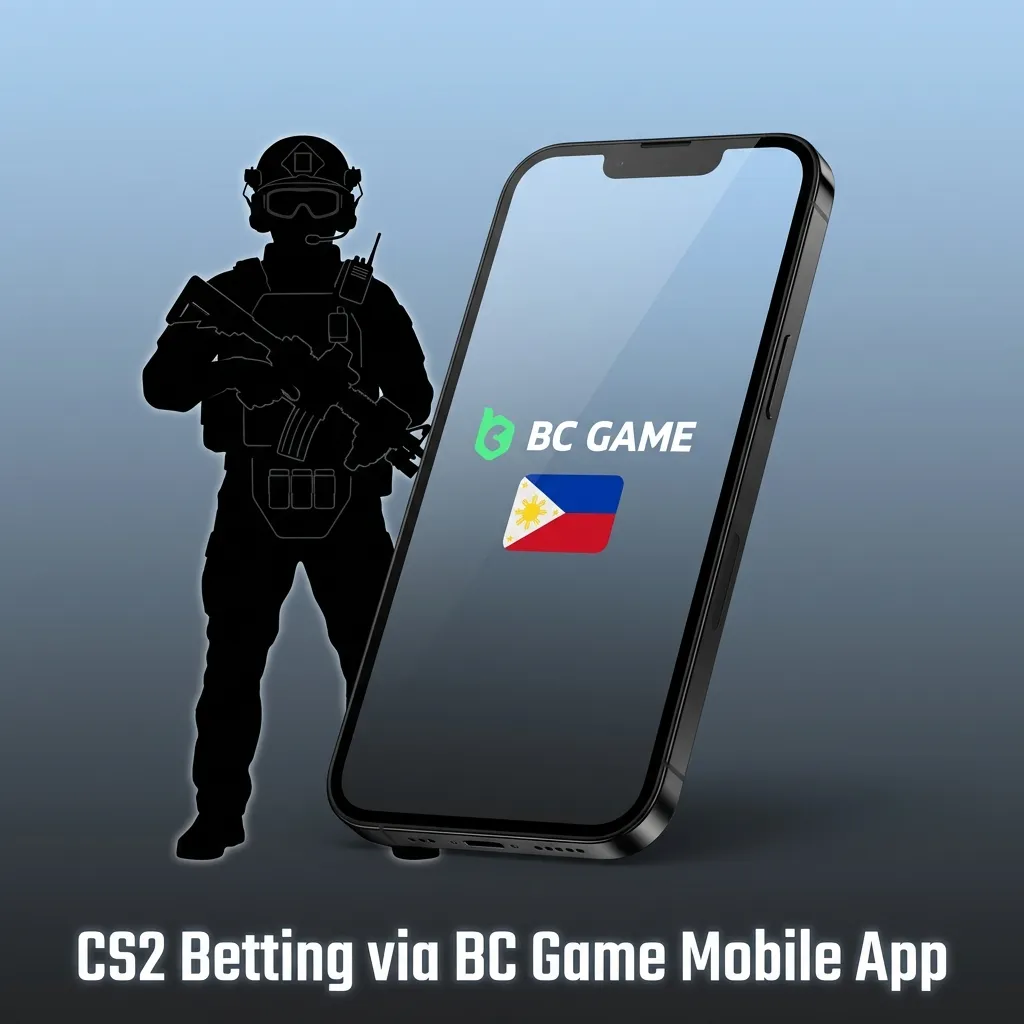 Mobile phone displaying BC Game app interface with CS2 betting options and navigation menu